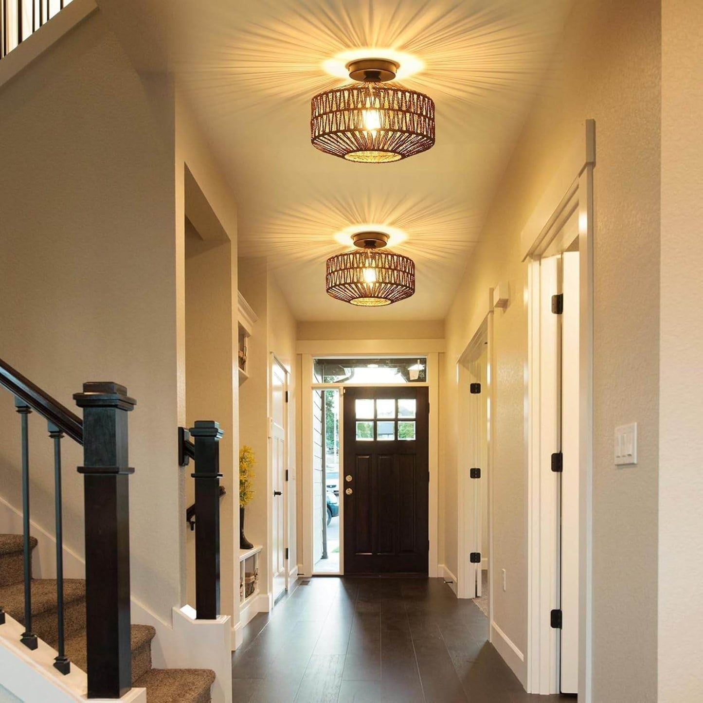 Boho Rattan Light Fixtures Ceiling Mount,Ceiling Light Fixtures with Dimmable LED Bulb,Hand Woven Rattan Chandelier Light Fixtures Ceiling for Bedroom Living Room Entryway(Dark Brown) - Loft&Timber