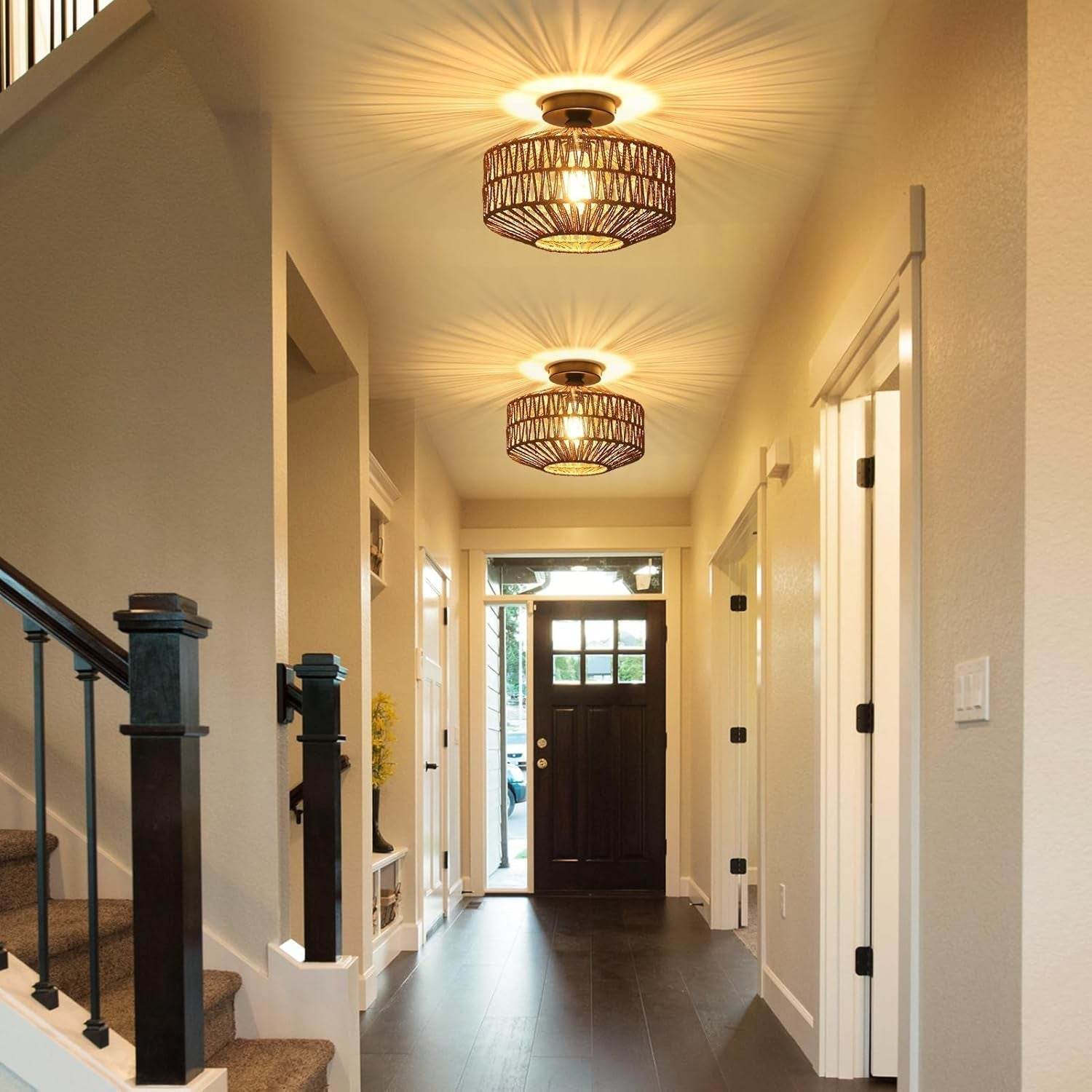 Boho Rattan Light Fixtures Ceiling Mount,Ceiling Light Fixtures with Dimmable LED Bulb,Hand Woven Rattan Chandelier Light Fixtures Ceiling for Bedroom Living Room Entryway(Dark Brown) - Loft&Timber