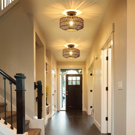 Boho Rattan Light Fixtures Ceiling Mount,Ceiling Light Fixtures with Dimmable LED Bulb,Hand Woven Rattan Chandelier Light Fixtures Ceiling for Bedroom Living Room Entryway(Dark Brown) - Loft&Timber