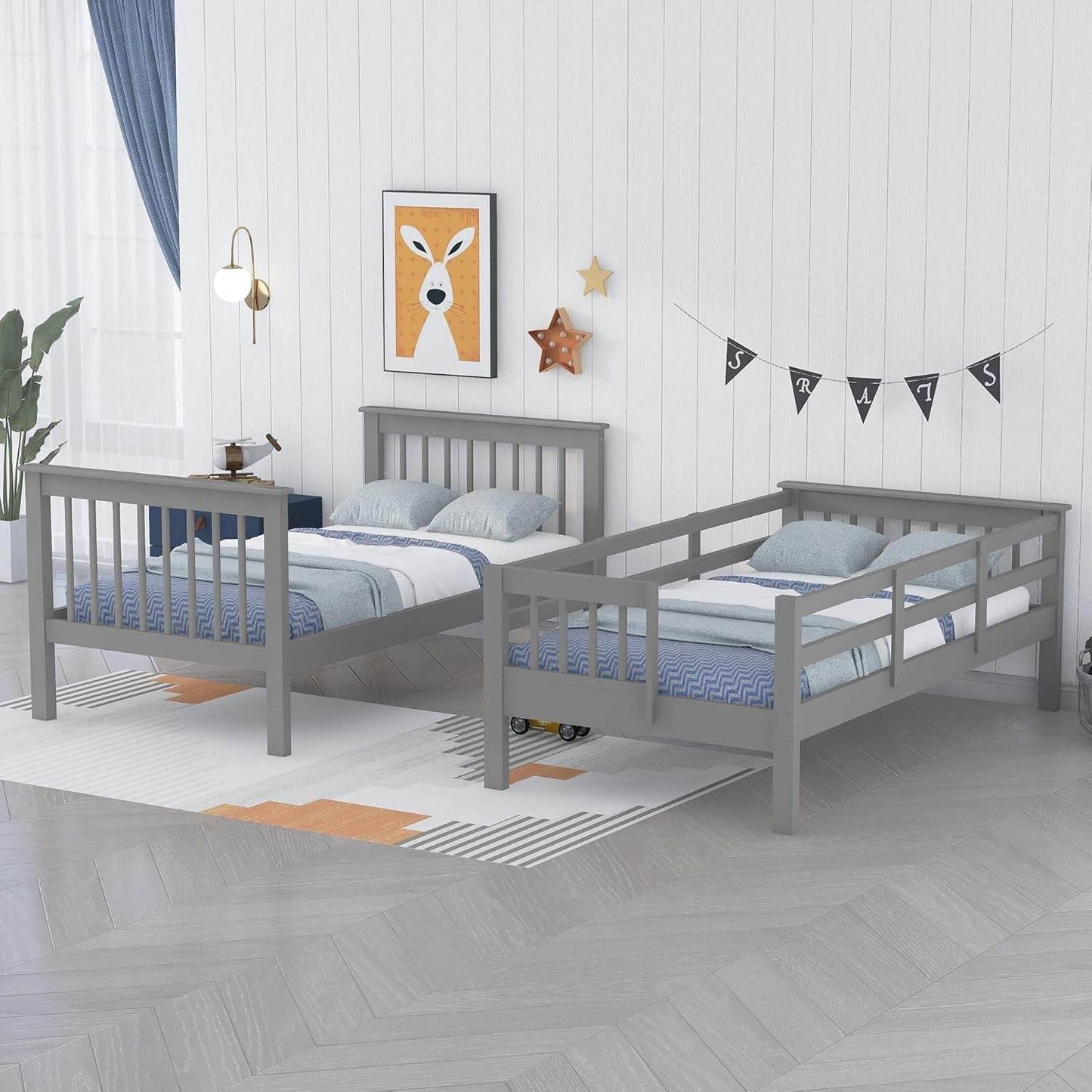 Bunk Beds Twin over Twin with Stairs, Wood Bunk Bed Frame with Storage and Guard Rail,Twin Bunk Beds for Kids, Bedroom, Dorm, Teens, Adults,Grey - Loft&Timber
