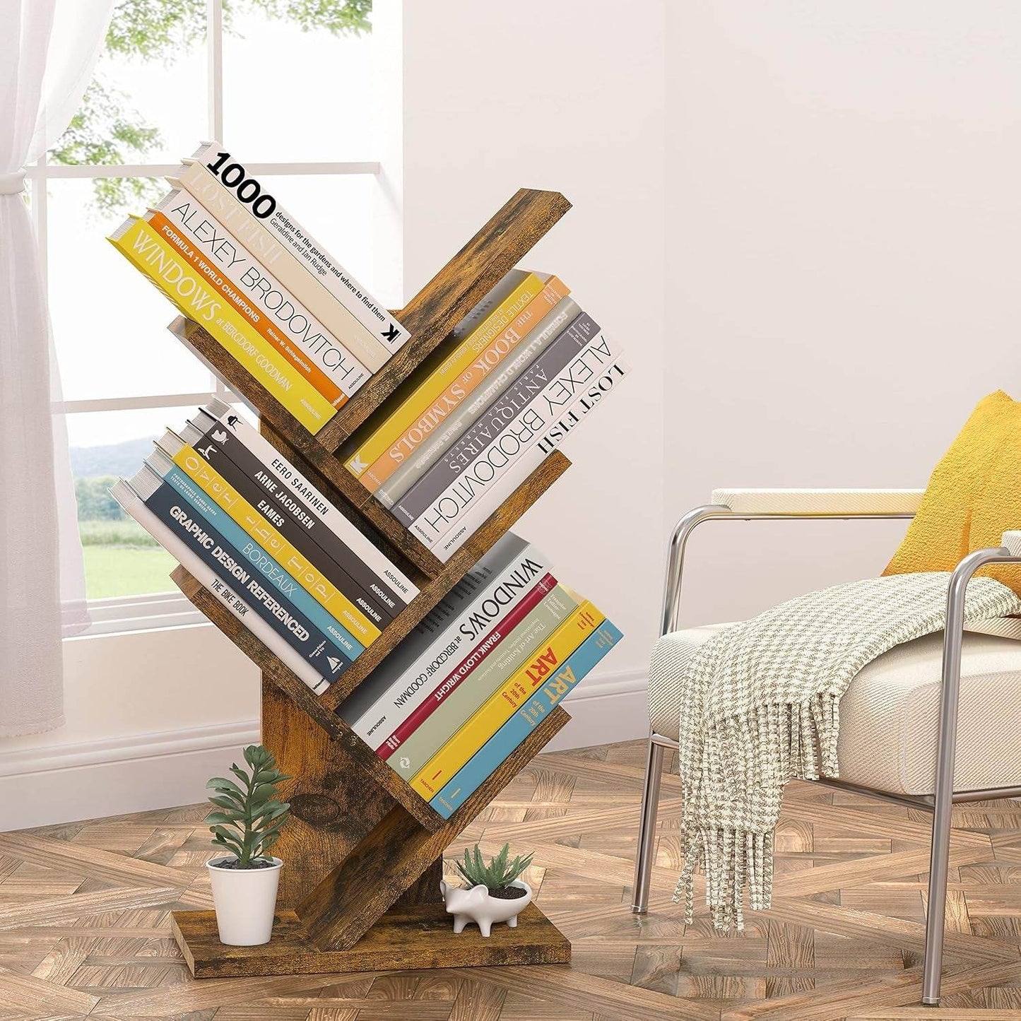 4 Tier Tree Bookshelf, 4 Shelf Bookcase, Modern Book Storage, Free Standing Tree Bookcase, Utility Organizer Shelves for Home Office, Living Room, Bedroom, Rustic Brown - Loft&Timber