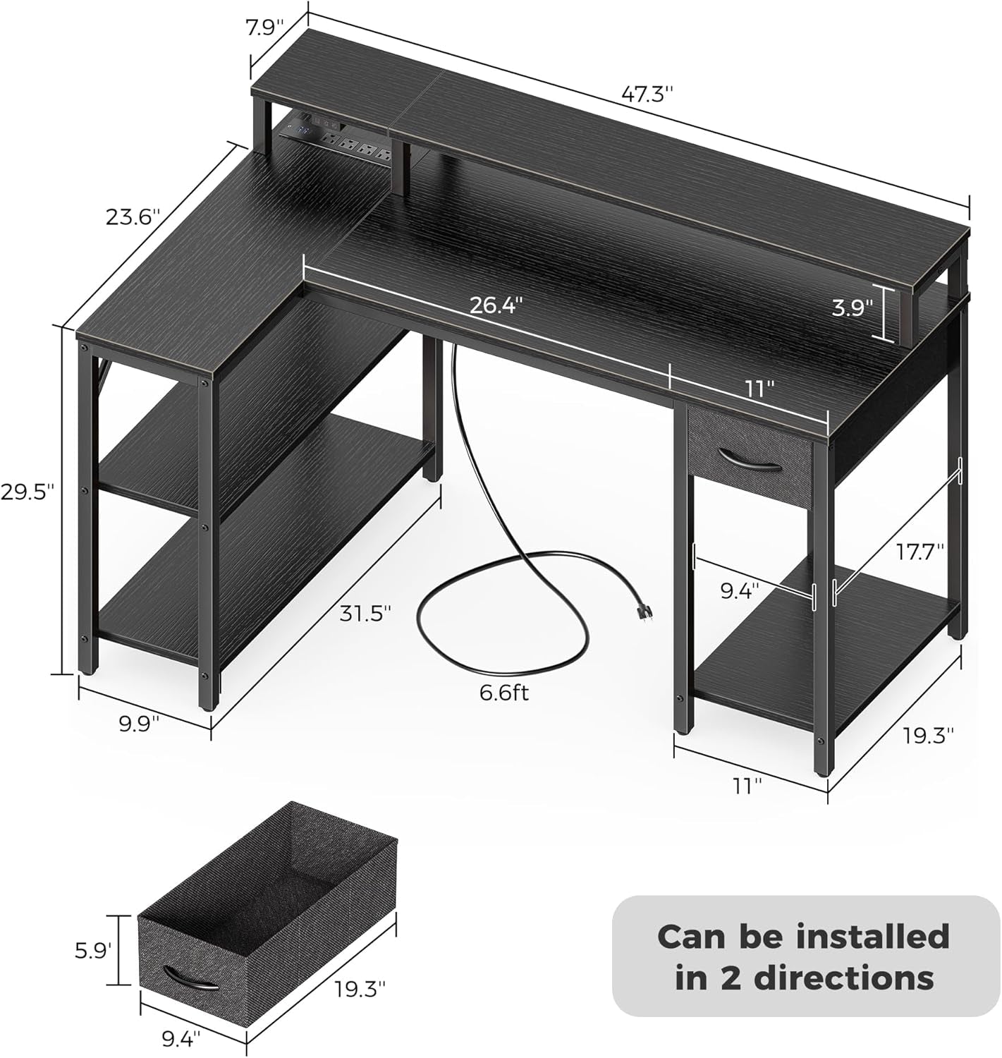 47 Inch Reversible L Shaped Desk with LED Lights & Power Outlets, Computer Desk with Shelves & Monitor Stand, Gaming Desk with Drawer, Home Office Desk Corner Desk, Black-2