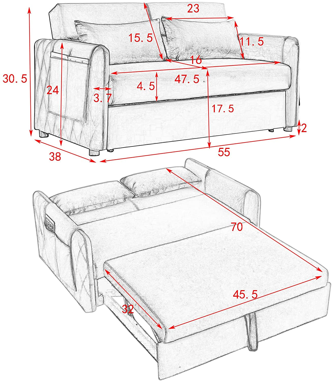 55″ Velvet Convertible Sofa Bed with Adjustable Backrest-2