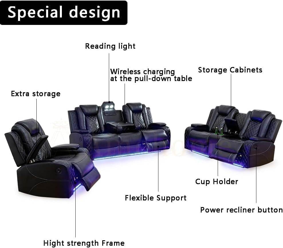 Multifunction Power Recliner Couch Set with LED Light, Black - Loft&Timber
