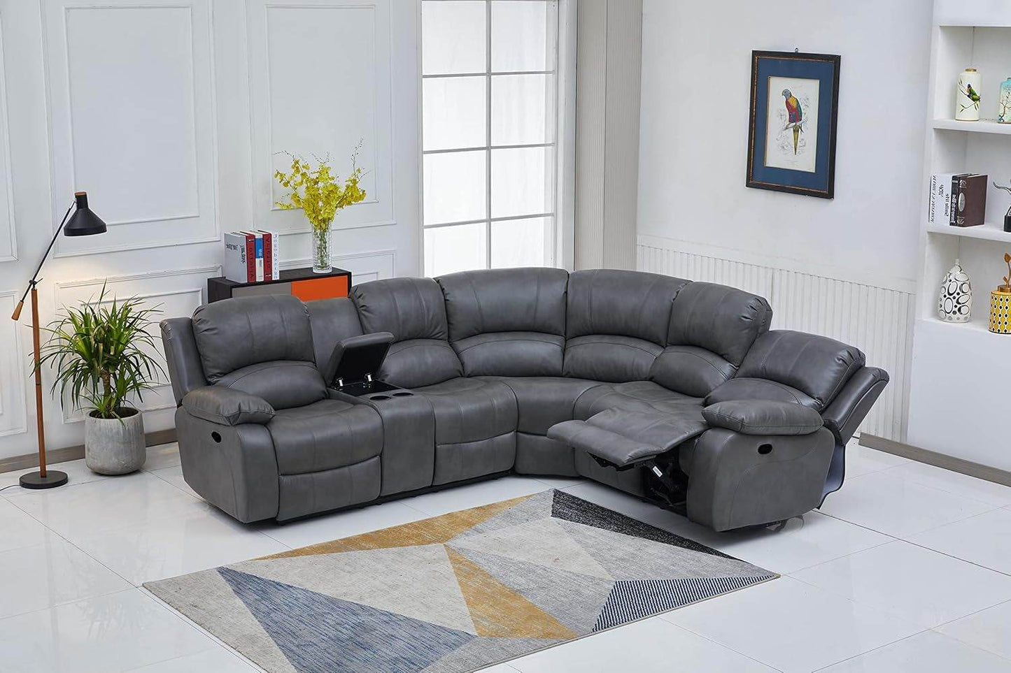 Bonded Leather Sectional Sofa 3 Recliners, Gray - Loft&Timber