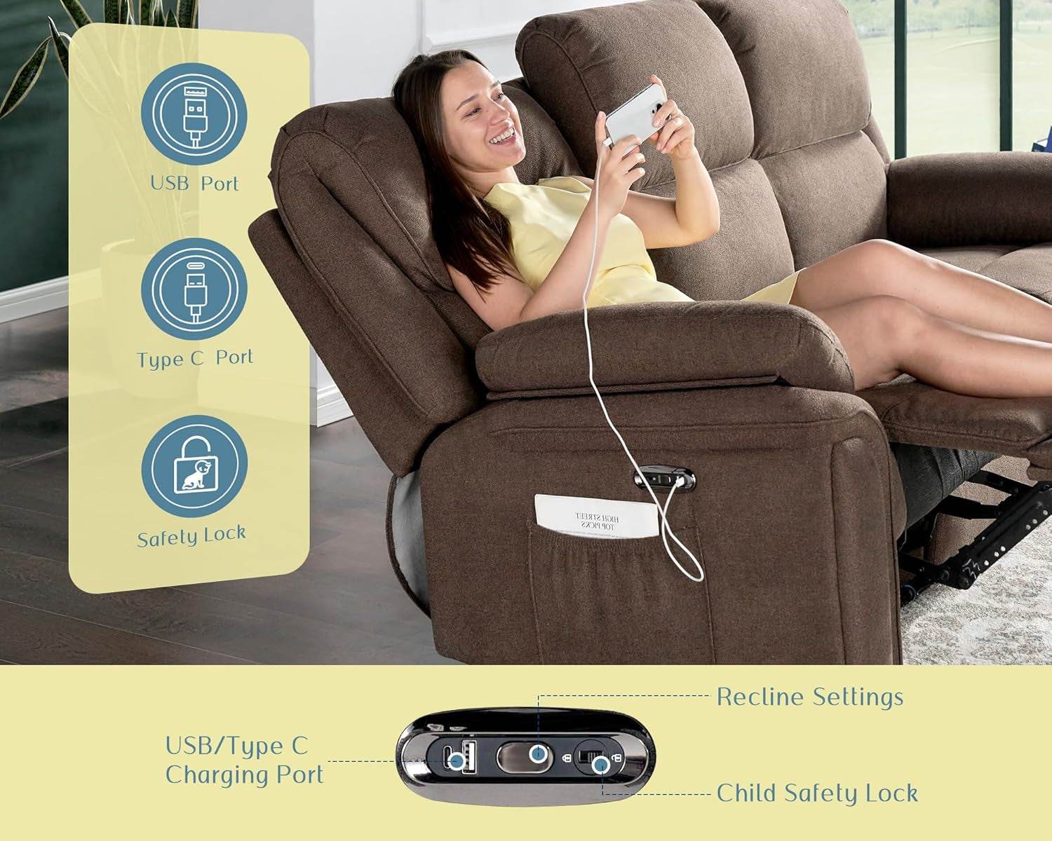 Power Recliner Sofa, Brown Chenille - Loft&Timber