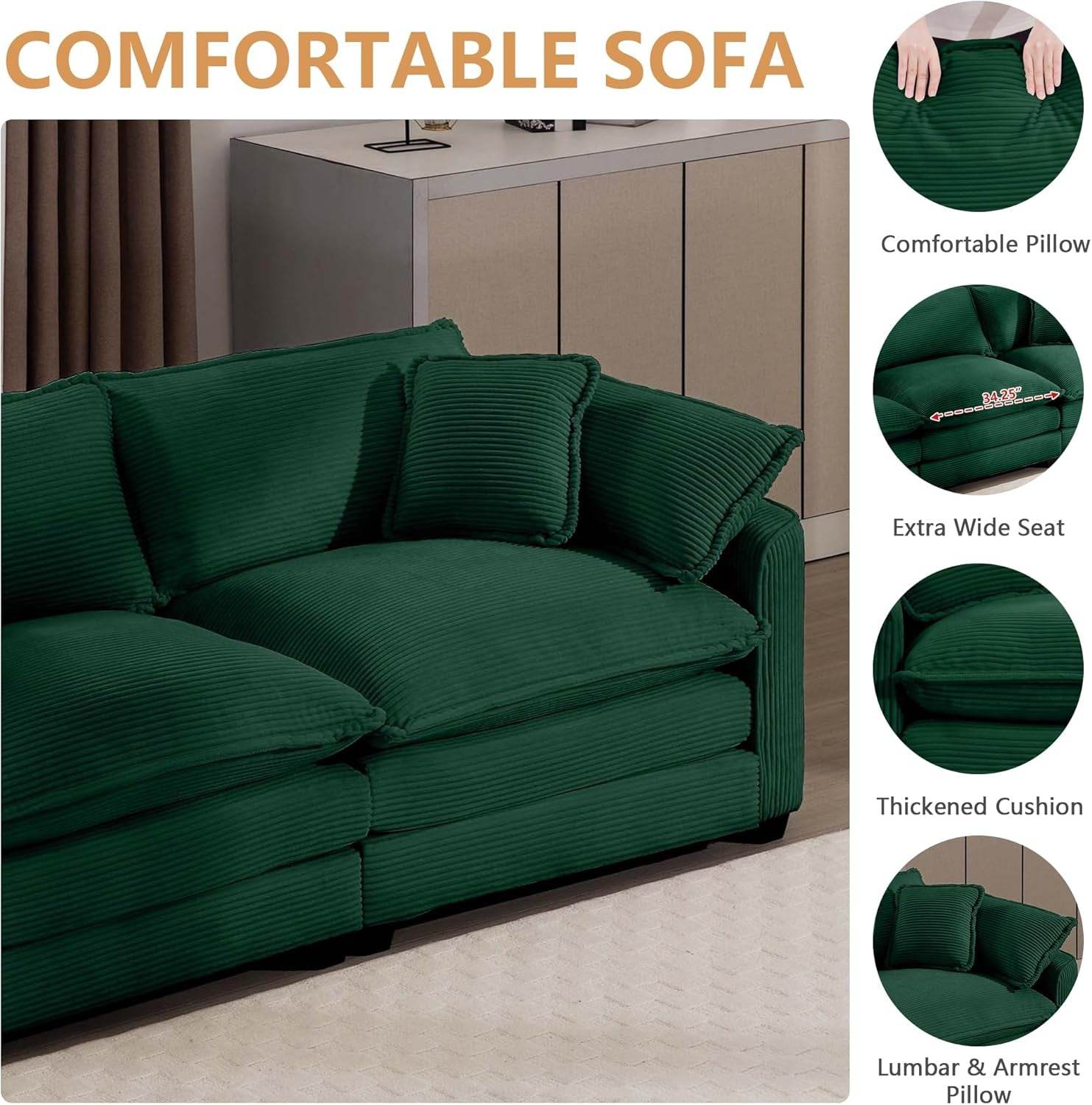 Oversized 2 Piece Sofa Set, 3-Seater & Loveseat Couch in Green - Loft&Timber