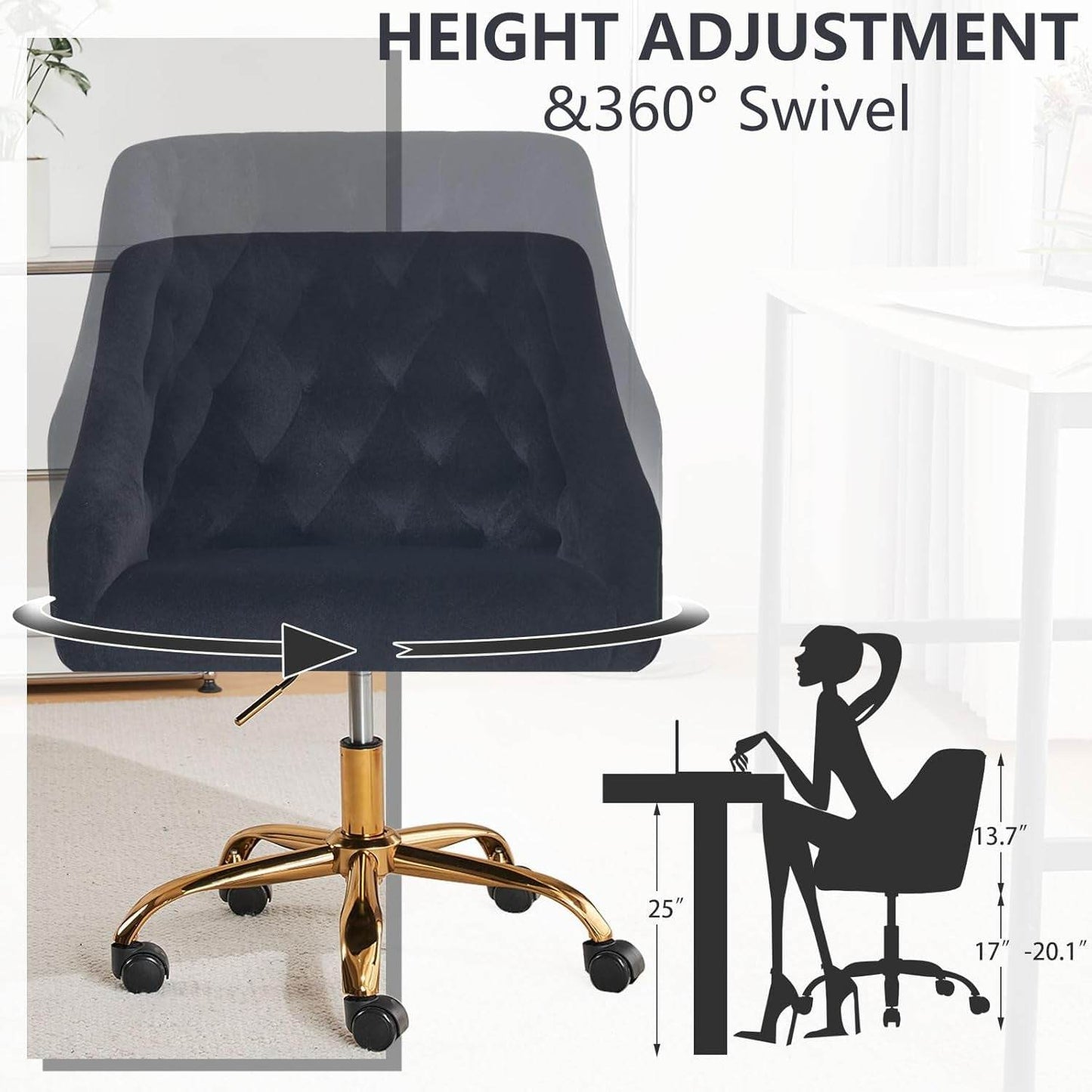 Velvet Office Swivel Chair, Vanity Chair, Fabric Desk Chair, Pretty Fancy Chair, Gold Office Chair for Girls, 360°Swivel Height Adjustable Reception Chair (Black) - Loft&Timber