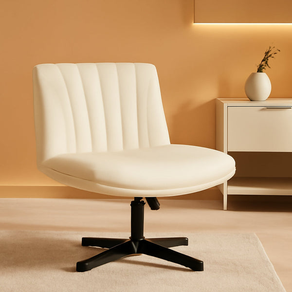 Criss Cross Legged Office Chair,Armless Office Desk Chair No Wheels,Pu Leather Modern Swivel Vanity Chair,Height Adjustable Wide Seat Mid Back Computer Task Chair for Home Office-0