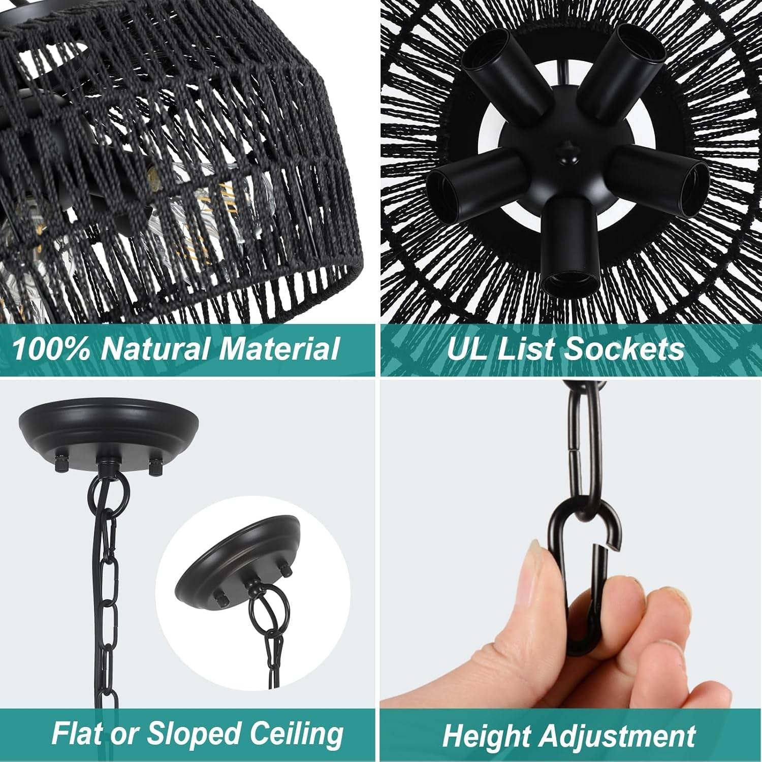 5-Light Black Rattan Chandelier Farmhouse Dining Room - Loft&Timber