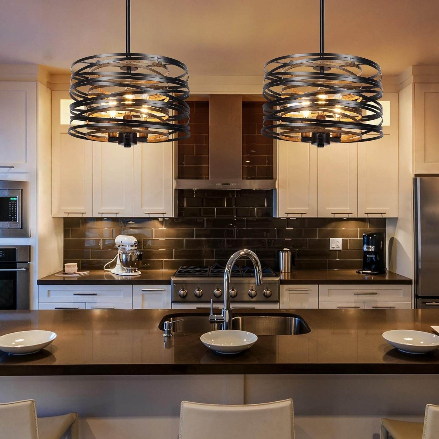 12.6'' Farmhouse Chandeliers for Dining Room, 3-Light Industrial Metal Hanging Light Fixture, Rustic Drum Pendant Light for Entryway Kitchen Foyer Bedroom, Black with Retro Wood Texture Interior - Loft&Timber