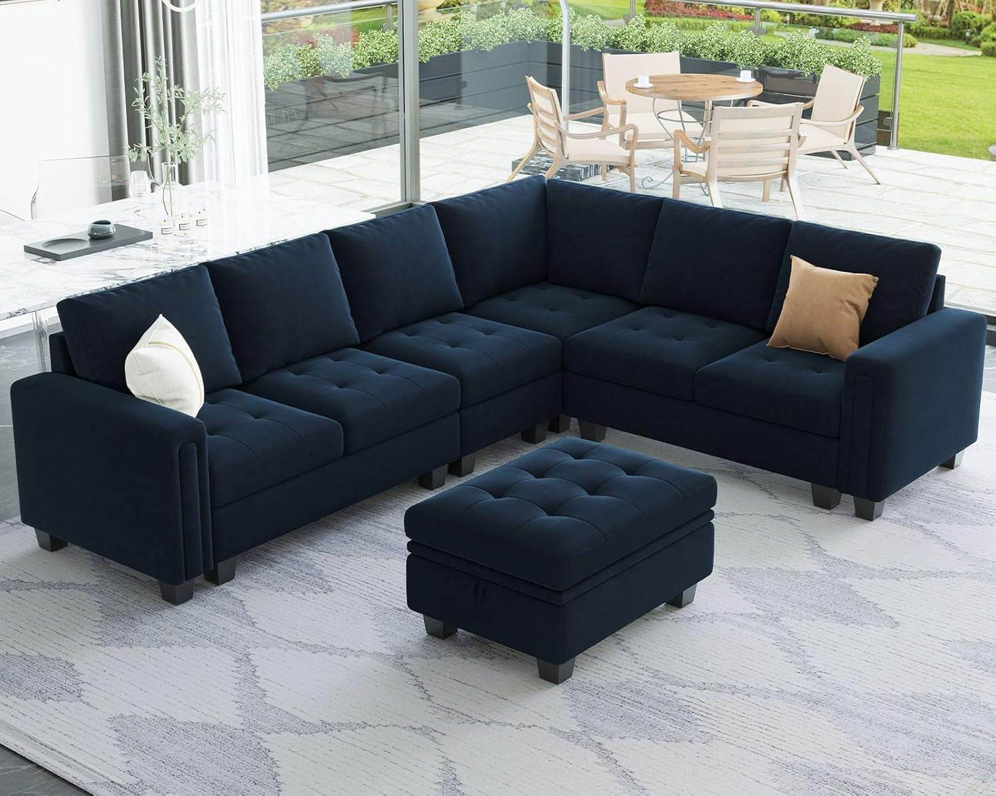 Velvet L Shaped Sofa Couch with Reversible Chaise Convertible Modular Sectional Sofa Set with Storage Ottoman Corner Sofa Set for Living Room Blue - Loft&Timber