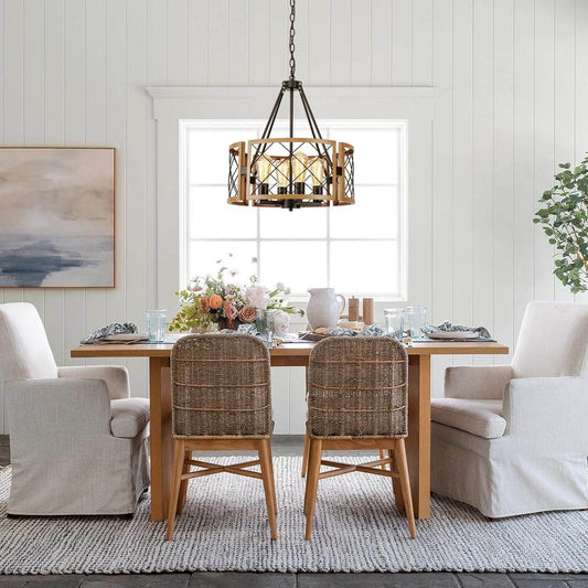 D19'' Farmhouse Chandelier for Dining Room, 4-Light Adjustable Kitchen Island Lighting, Vintage Hanging Pendant Light Fixtures for Entryway Foyer Bedroom Hallway, Black & Dark Oak - Loft&Timber