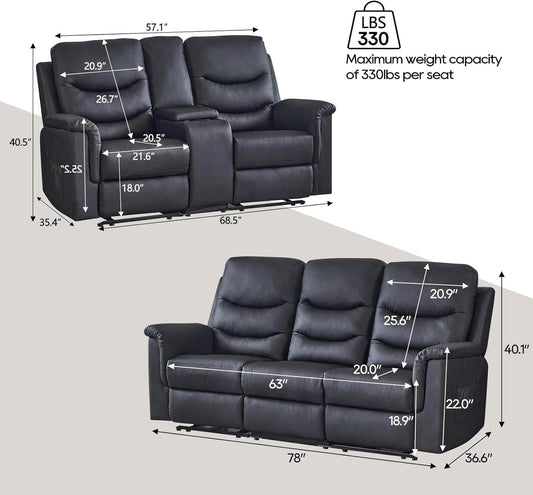 2 Pieces Recliner Sofa Set, Manual Recliner Sofa Set for Living Room Furniture Sets, Reclining Sofa and Loveseat Set, Reclining Loveseat Sofa with Console & Cup Houlders for Living Room - Loft&Timber