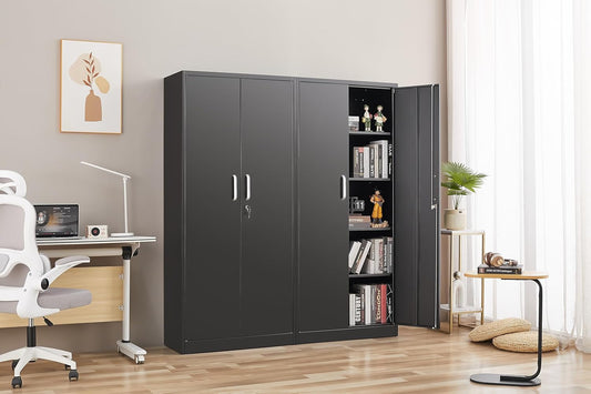 Metal Storage Cabinet with Adjustable Shelves, Garage Storage Cabinet with Doors and Shelves, File Cabinets for Home Office, Kitchen Pantry Cabinet, 71'H, Black-1