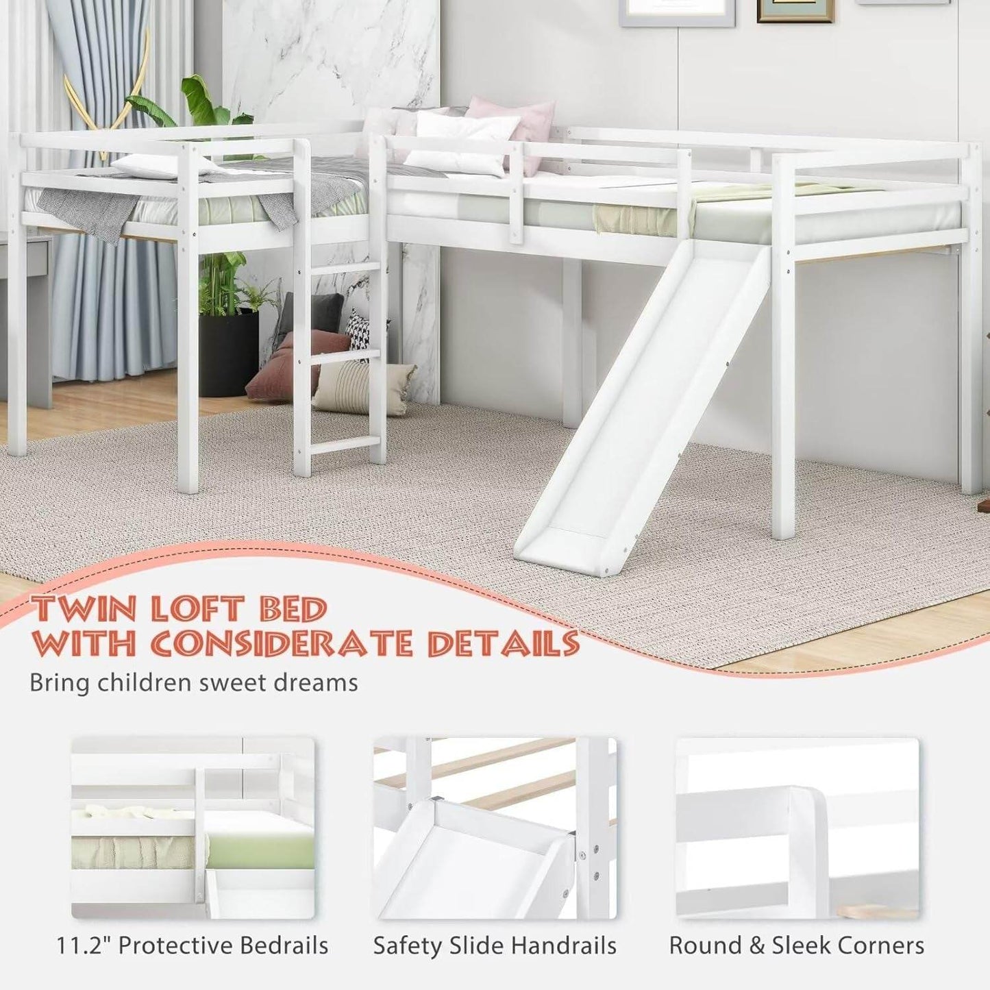 Wooden Twin Size Double Loft Bed with Slide and Ladder, L-Shaped Bed Frame with Full-Length Guardrail, Wood Bedframe for Kids Teens Adults Bedroom, 2 Twin Beds,White - Loft&Timber