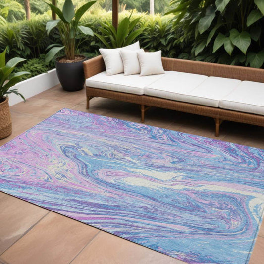 8' X 10' Sky Blue Lavender And Ivory Abstract Washable Indoor Outdoor Area Rug - Loft&Timber