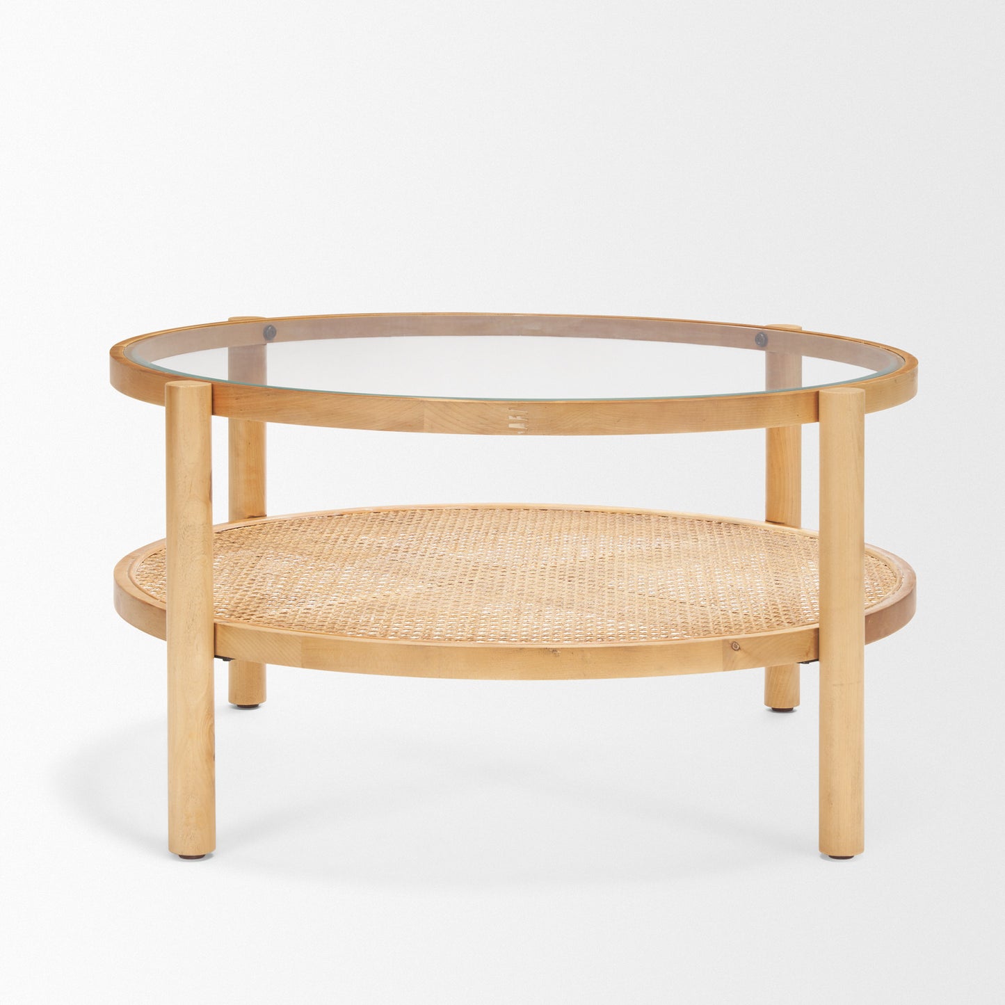 34" Clear and Natural Glass and Solid Wood Round Coffee Table With Shelf - Loft&Timber