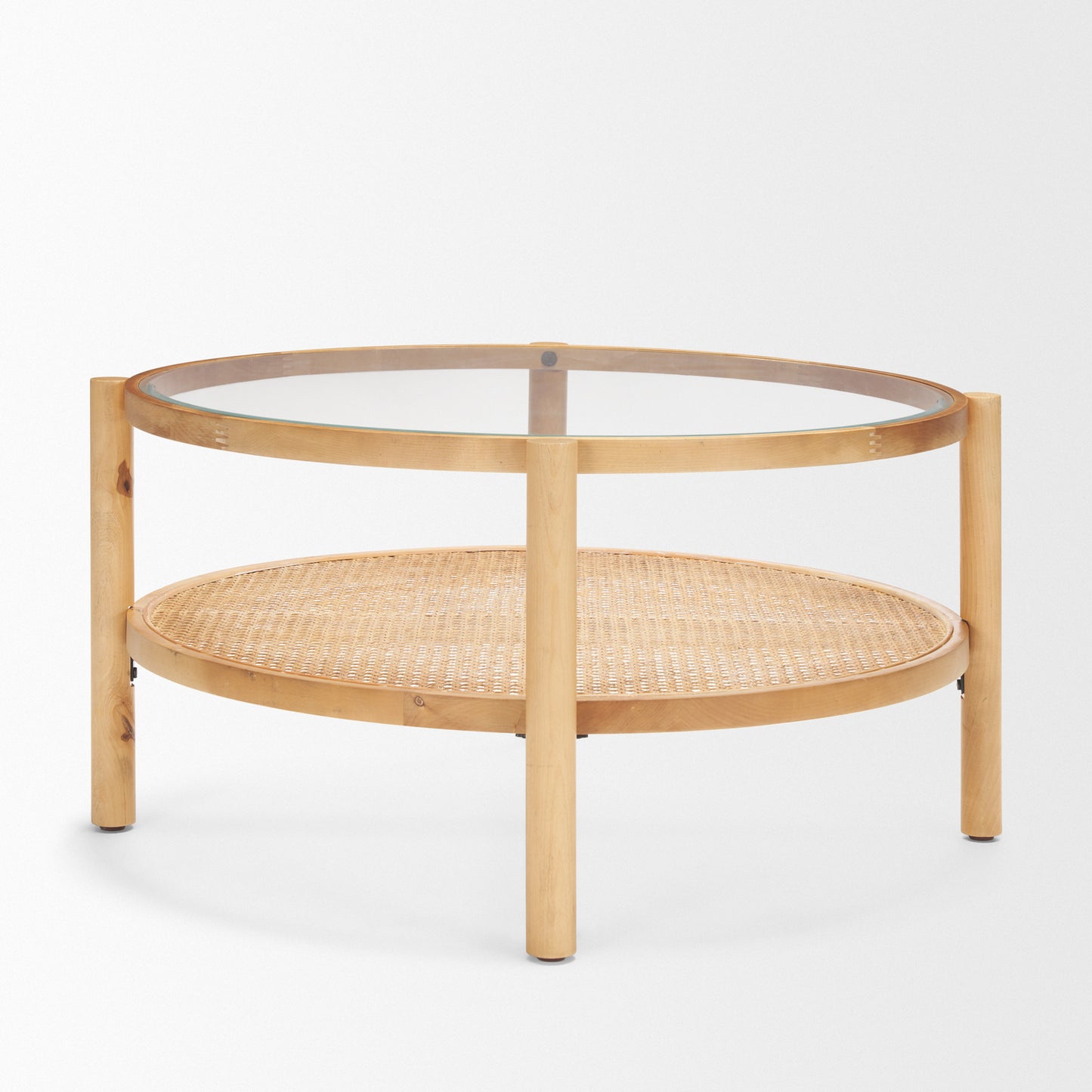 34" Clear and Natural Glass and Solid Wood Round Coffee Table With Shelf - Loft&Timber