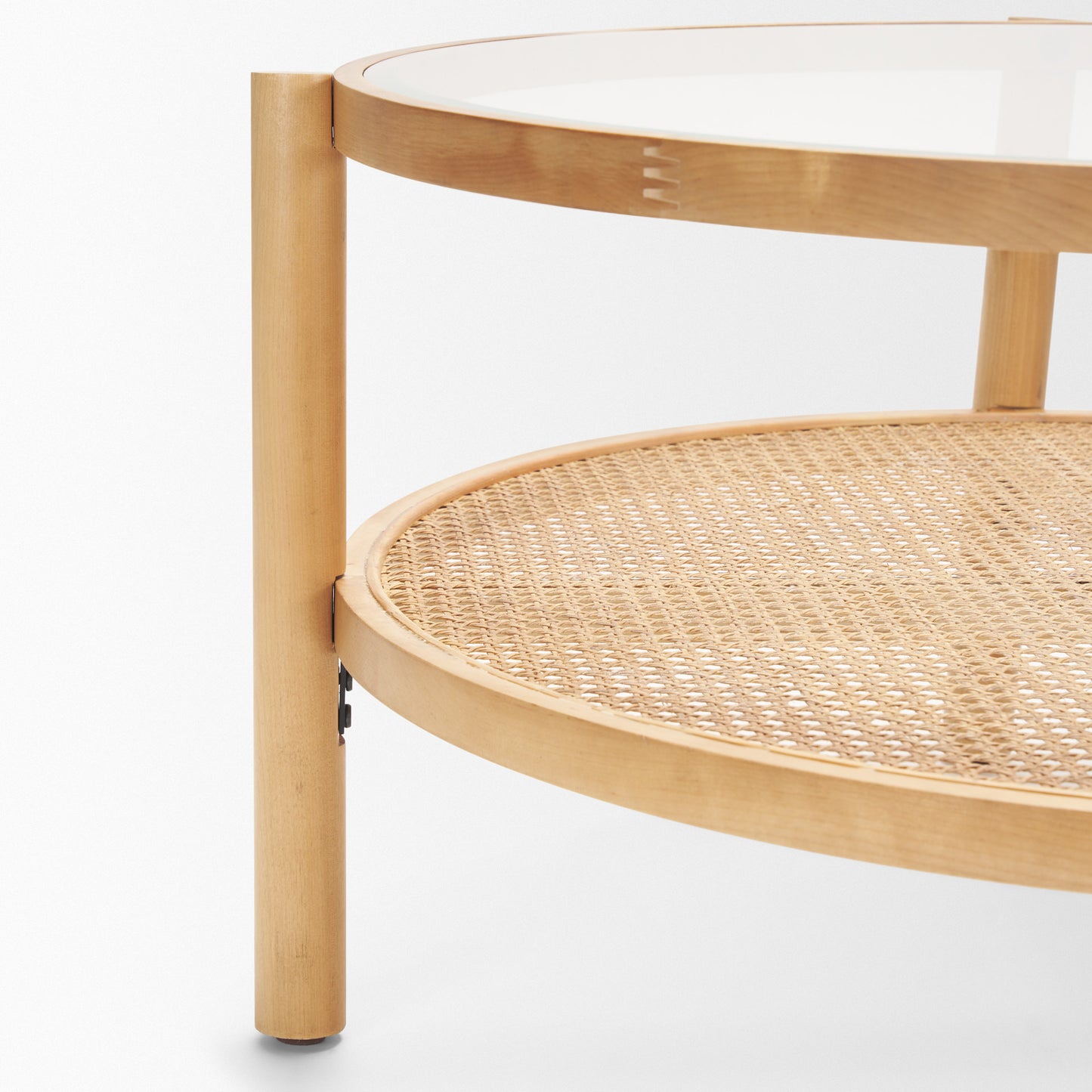 34" Clear and Natural Glass and Solid Wood Round Coffee Table With Shelf - Loft&Timber