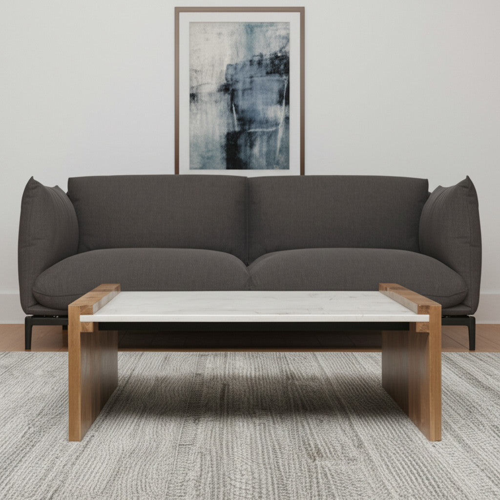 48" Natural and White Solid Wood And Genuine Marble Coffee Table - Loft&Timber