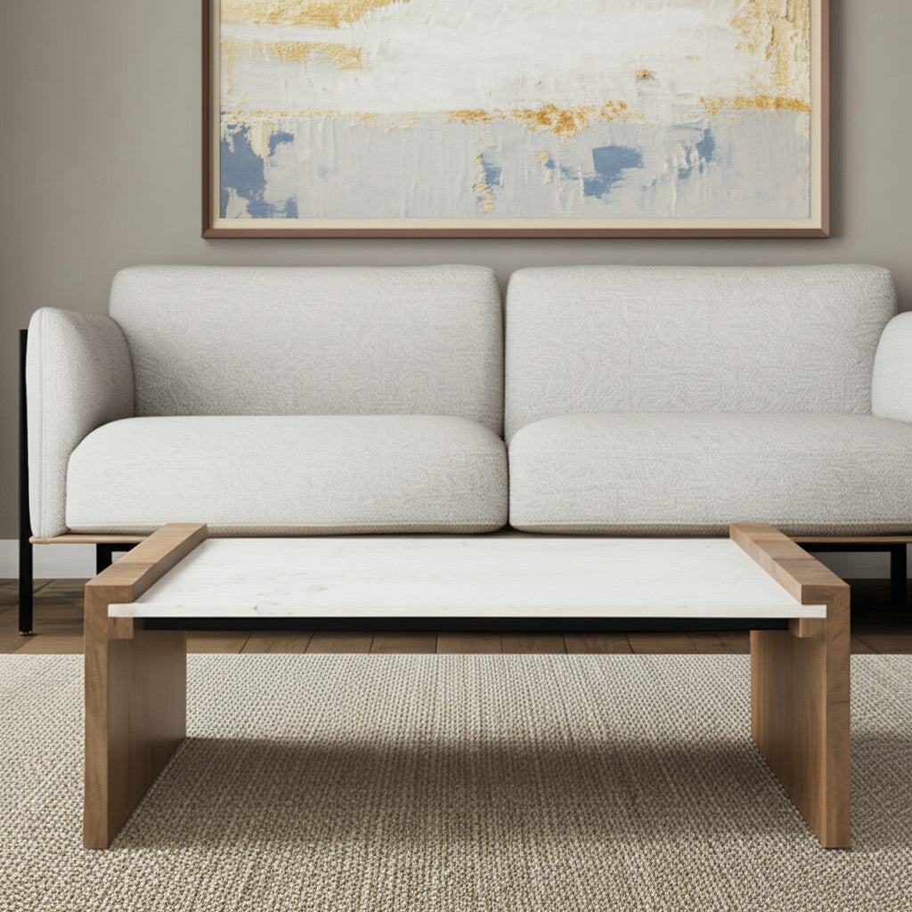 48" Natural and White Solid Wood And Genuine Marble Coffee Table - Loft&Timber