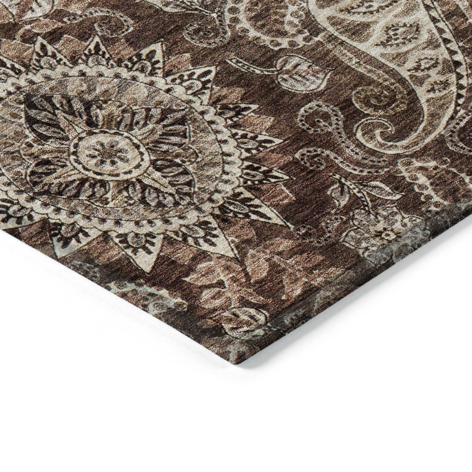 8' Brown Beige And Tan Round Floral Medallion Washable Indoor Outdoor Area Rug - Loft&Timber