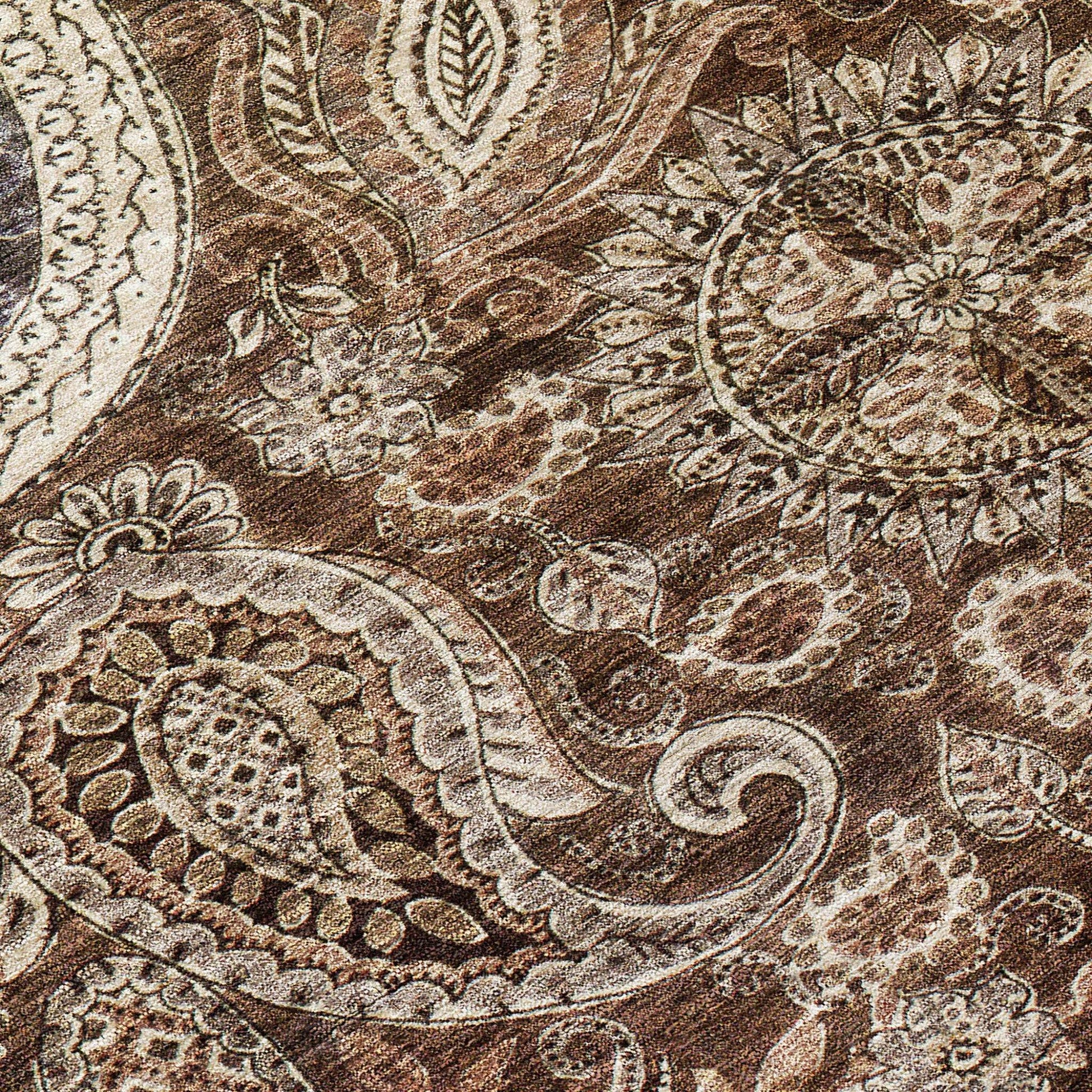 8' Brown Beige And Tan Round Floral Medallion Washable Indoor Outdoor Area Rug - Loft&Timber