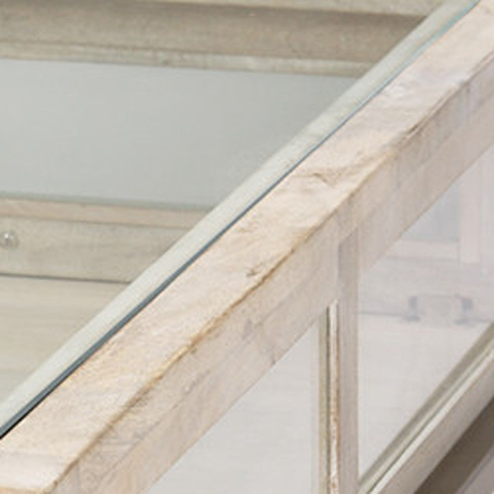 44" Off White Clear And Gold Solid Wood Glass And Iron Storage Coffee Table - Loft&Timber