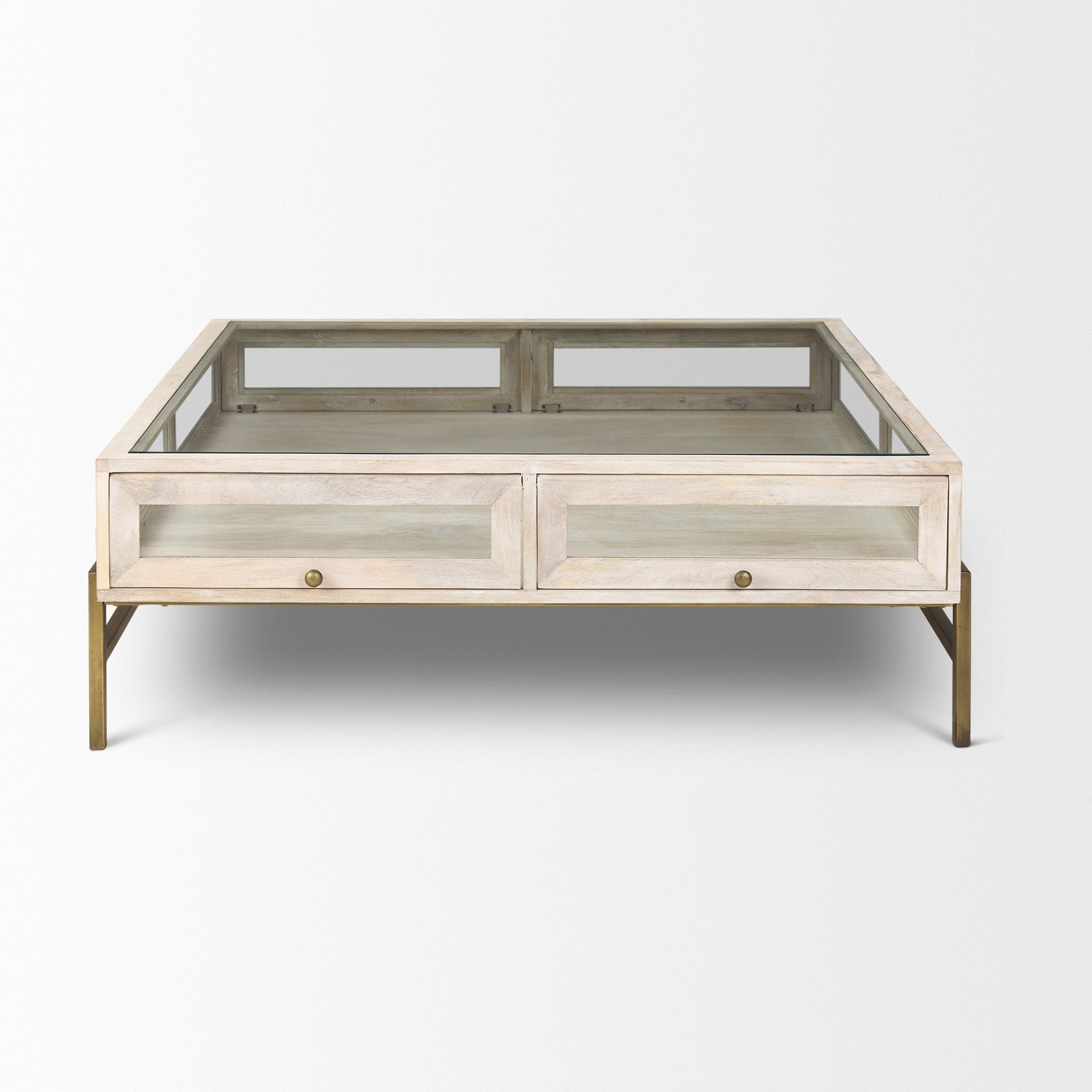 44" Off White Clear And Gold Solid Wood Glass And Iron Storage Coffee Table - Loft&Timber