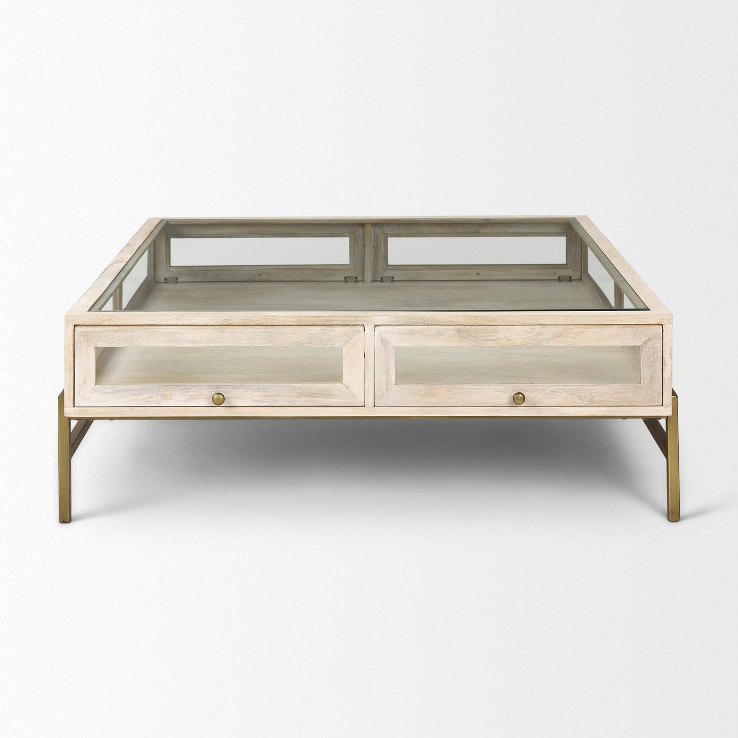 44" Off White Clear And Gold Solid Wood Glass And Iron Storage Coffee Table - Loft&Timber