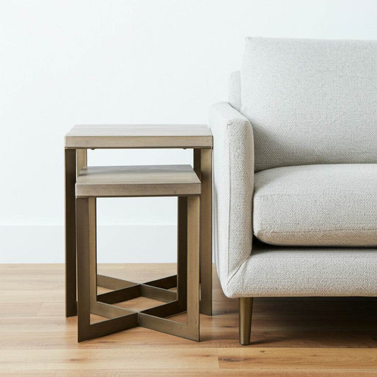 Set of Two Natural and Gold Solid Wood and Metal Square Cross Legs Nested Tables - Loft&Timber