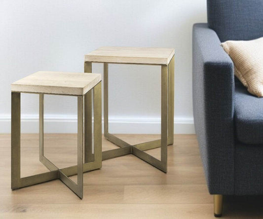 Set of Two Natural and Gold Solid Wood and Metal Square Cross Legs Nested Tables - Loft&Timber