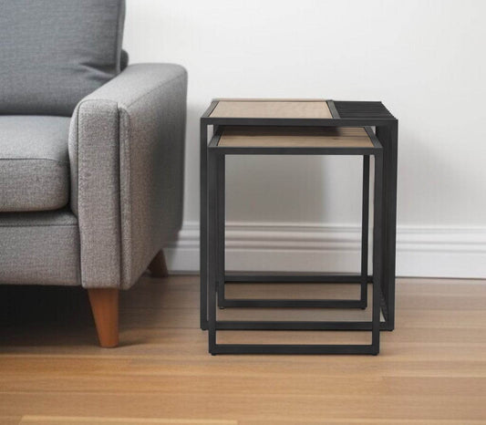 Set of Two Natural and Black Solid Wood and Metal Square Sled Nested Tables - Loft&Timber