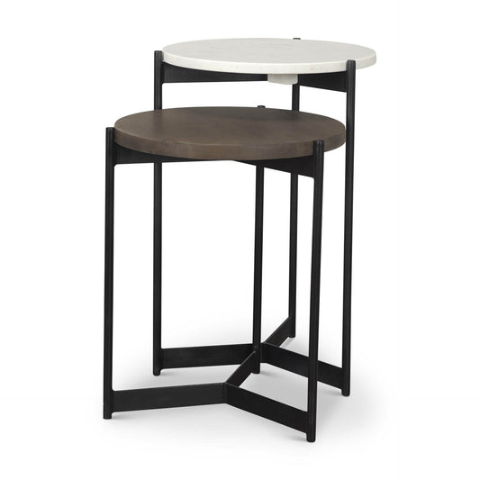Set of Two Dark Brown and Black Marble Solid Wood and Metal Round Nested Tables - Loft&Timber