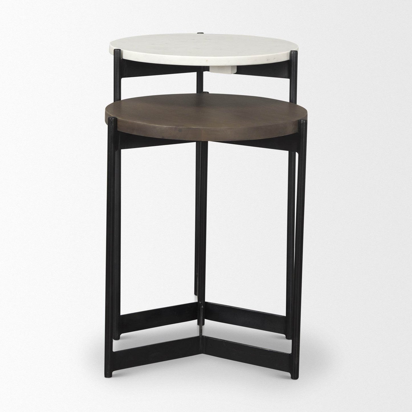 Set of Two Dark Brown and Black Marble Solid Wood and Metal Round Nested Tables - Loft&Timber