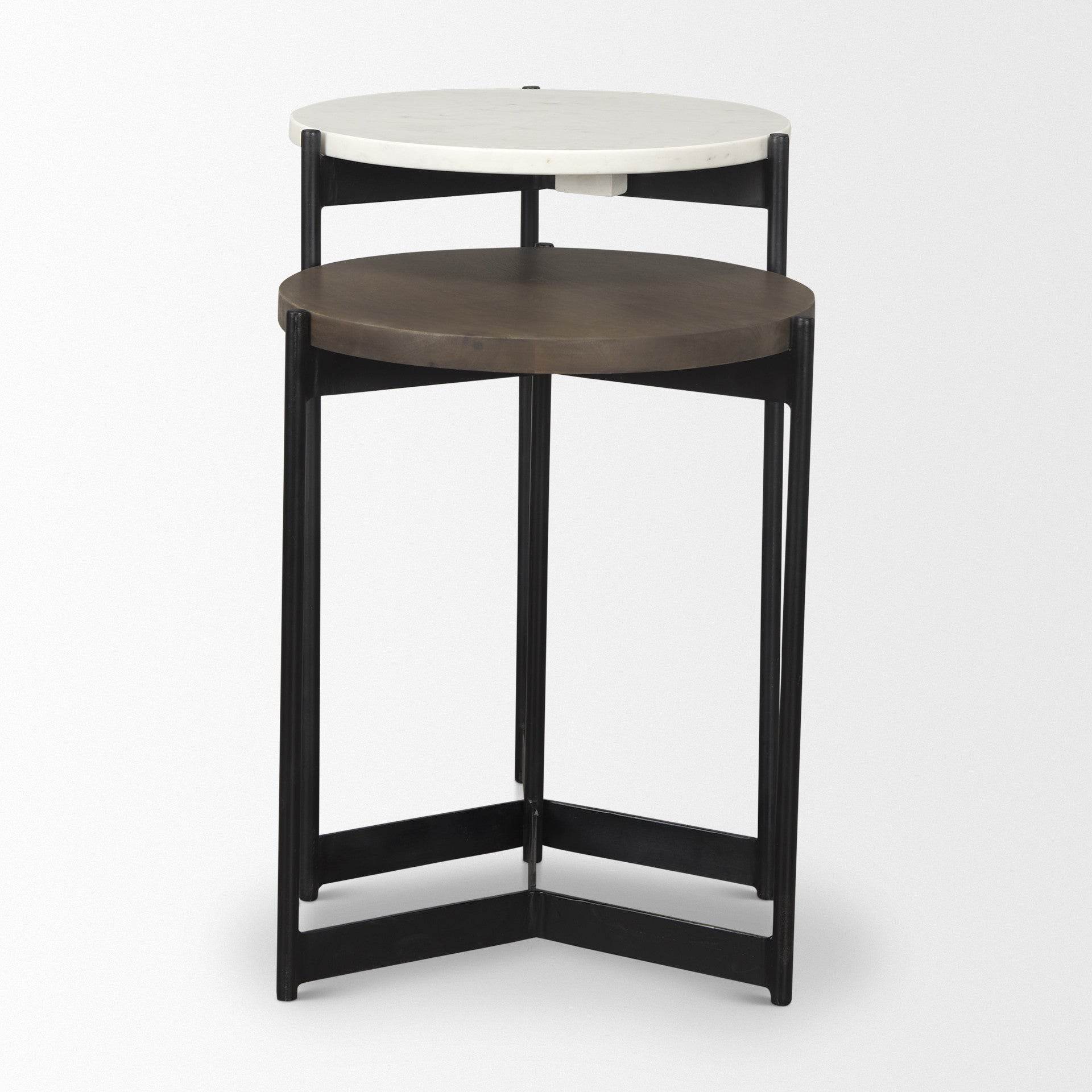Set of Two Dark Brown and Black Marble Solid Wood and Metal Round Nested Tables - Loft&Timber