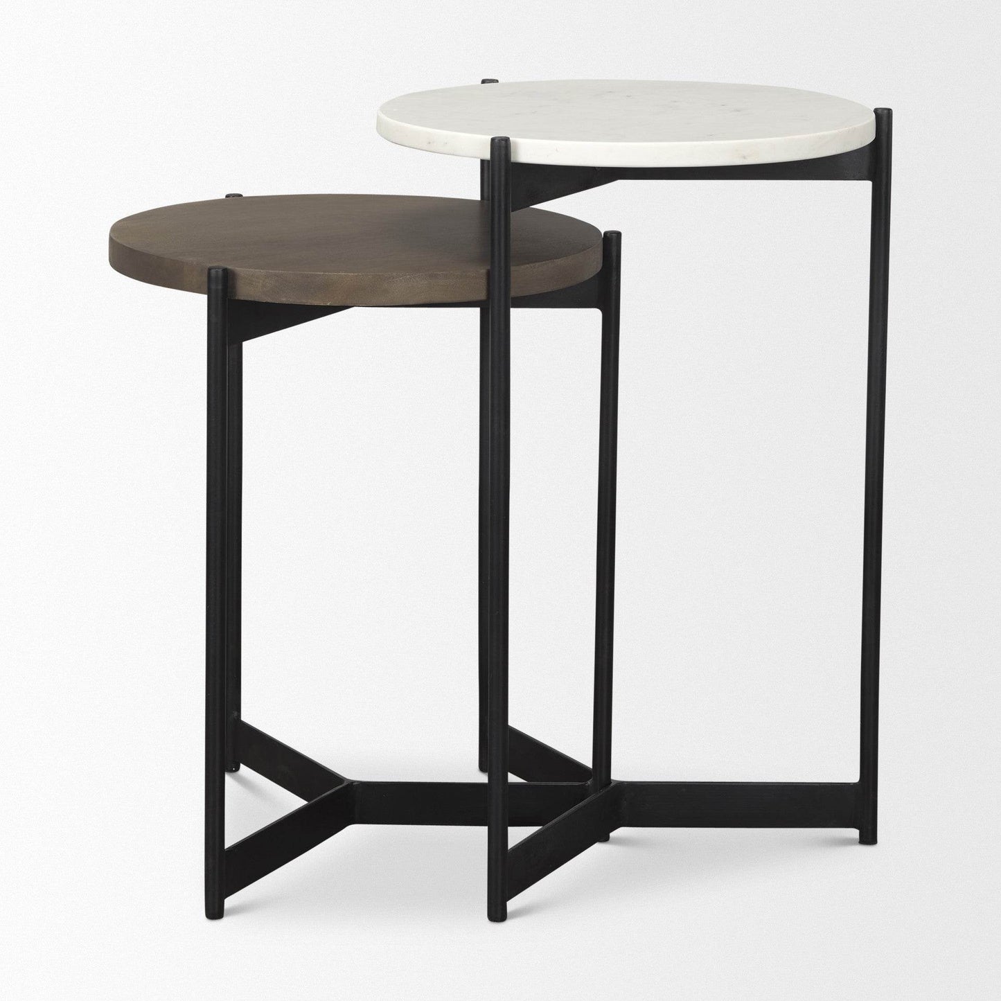Set of Two Dark Brown and Black Marble Solid Wood and Metal Round Nested Tables - Loft&Timber