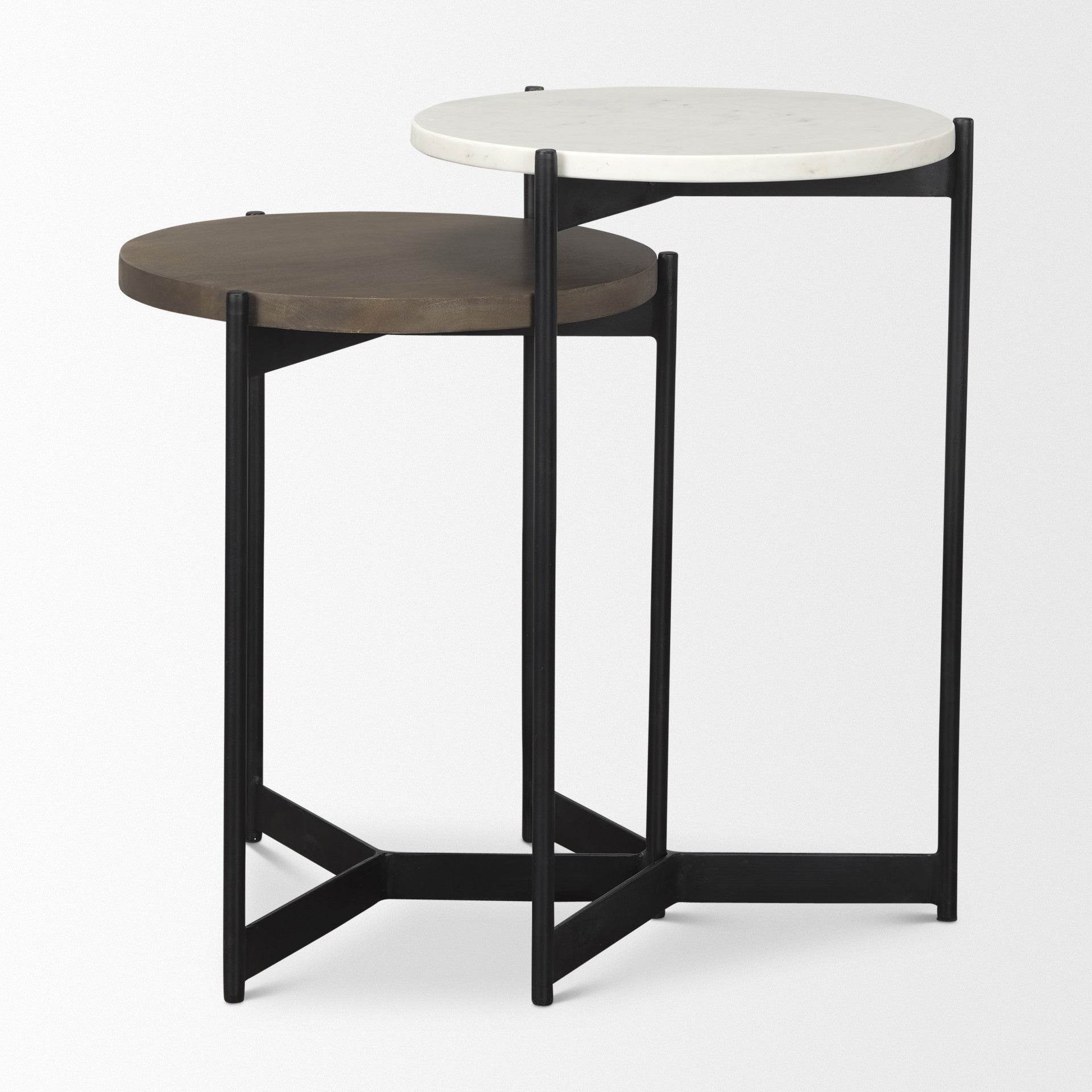 Set of Two Dark Brown and Black Marble Solid Wood and Metal Round Nested Tables - Loft&Timber