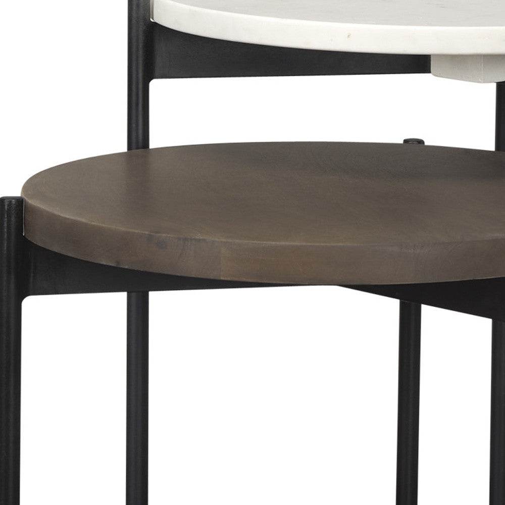 Set of Two Dark Brown and Black Marble Solid Wood and Metal Round Nested Tables - Loft&Timber