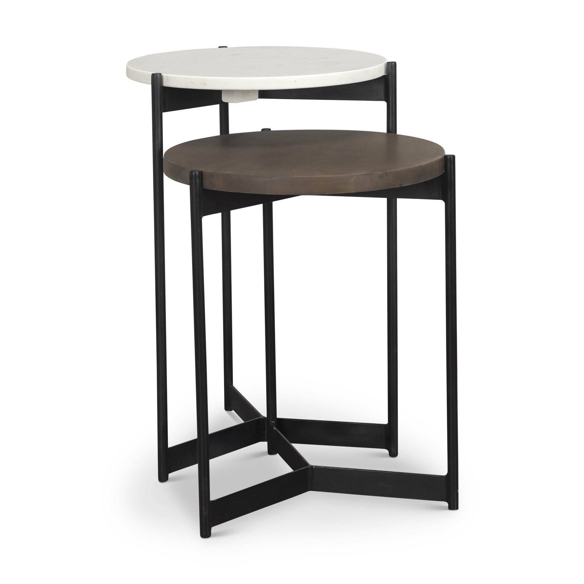 Set of Two Dark Brown and Black Marble Solid Wood and Metal Round Nested Tables - Loft&Timber