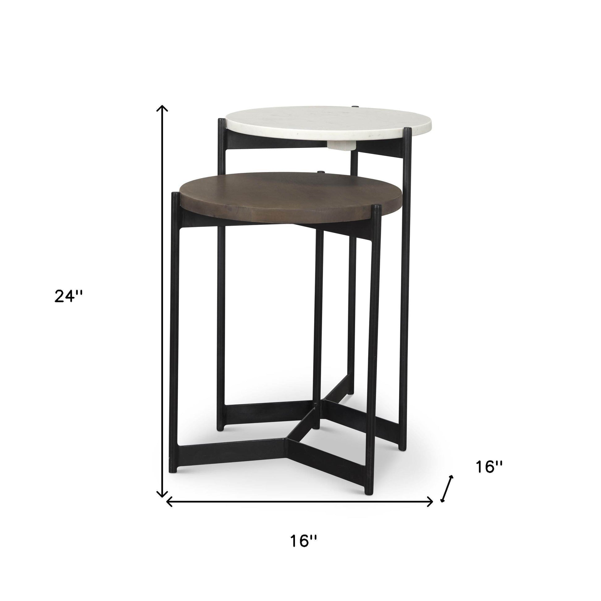 Set of Two Dark Brown and Black Marble Solid Wood and Metal Round Nested Tables - Loft&Timber