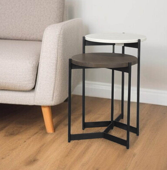Set of Two Dark Brown and Black Marble Solid Wood and Metal Round Nested Tables - Loft&Timber