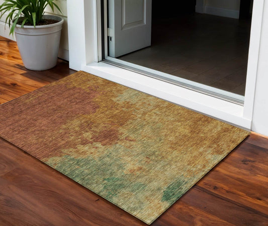 3' X 5' Terra Cotta Copper And Green Abstract Washable Indoor Outdoor Area Rug - Loft&Timber