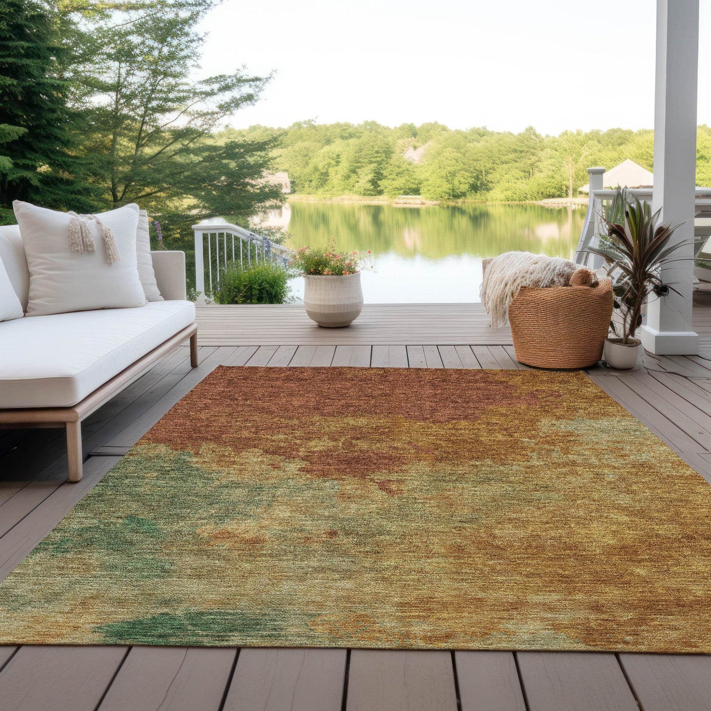3' X 5' Terra Cotta Copper And Green Abstract Washable Indoor Outdoor Area Rug - Loft&Timber