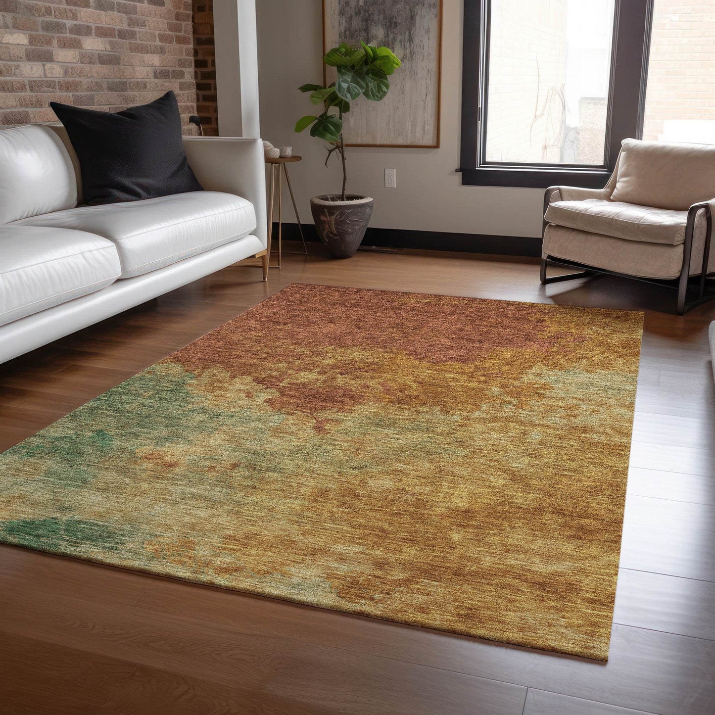 3' X 5' Terra Cotta Copper And Green Abstract Washable Indoor Outdoor Area Rug - Loft&Timber