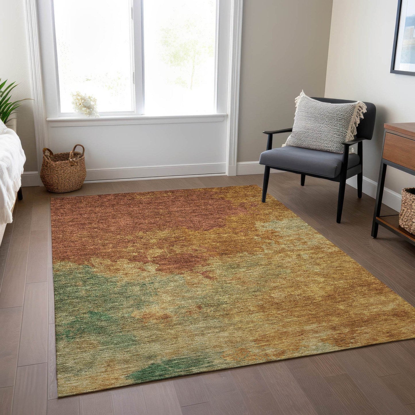 3' X 5' Terra Cotta Copper And Green Abstract Washable Indoor Outdoor Area Rug - Loft&Timber