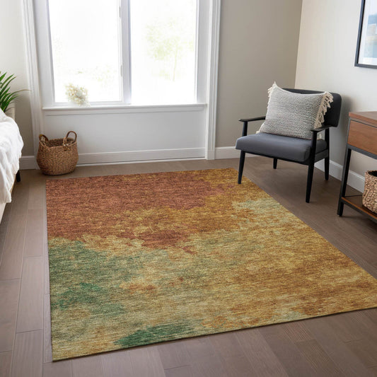 3' X 5' Terra Cotta Copper And Green Abstract Washable Indoor Outdoor Area Rug - Loft&Timber