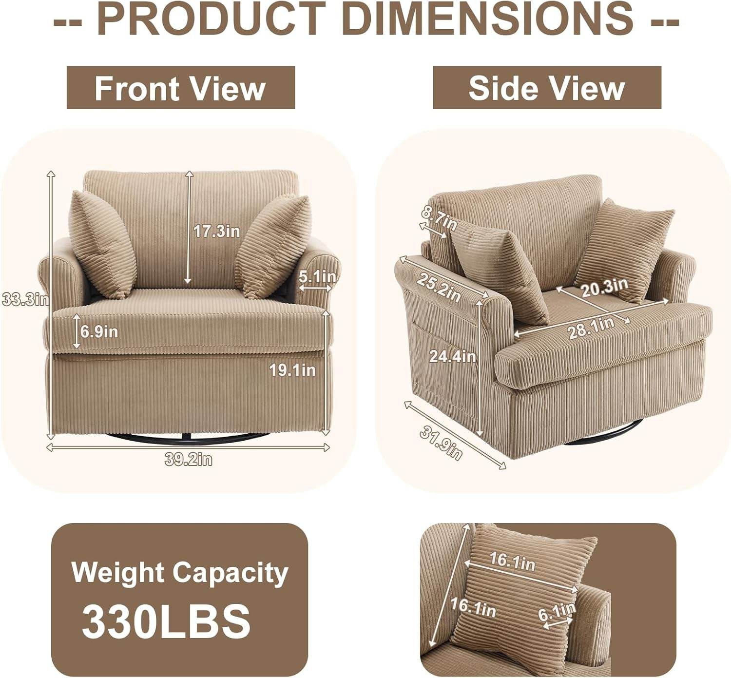 39Inch Swivel Chair CorduroyFabric Barrel Khaki Cushions - Loft&Timber