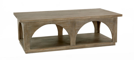 59" Brown Solid Wood Distressed Floor Shelf Coffee Table With Shelf - Loft&Timber